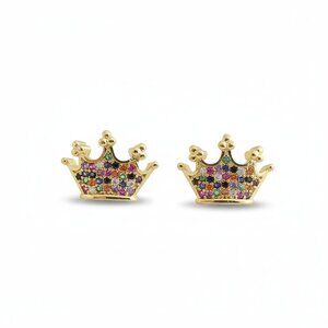 18K Gold Plated Crown Stud Earrings - Multicolor Cubic Zirconia - 10mm x 15mm